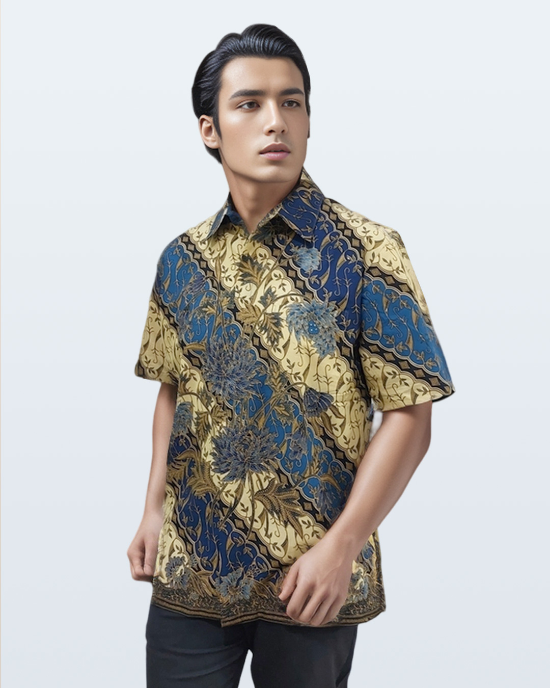 Kemeja Batik Lengan Pendek Parang Boket Teratai - Biru