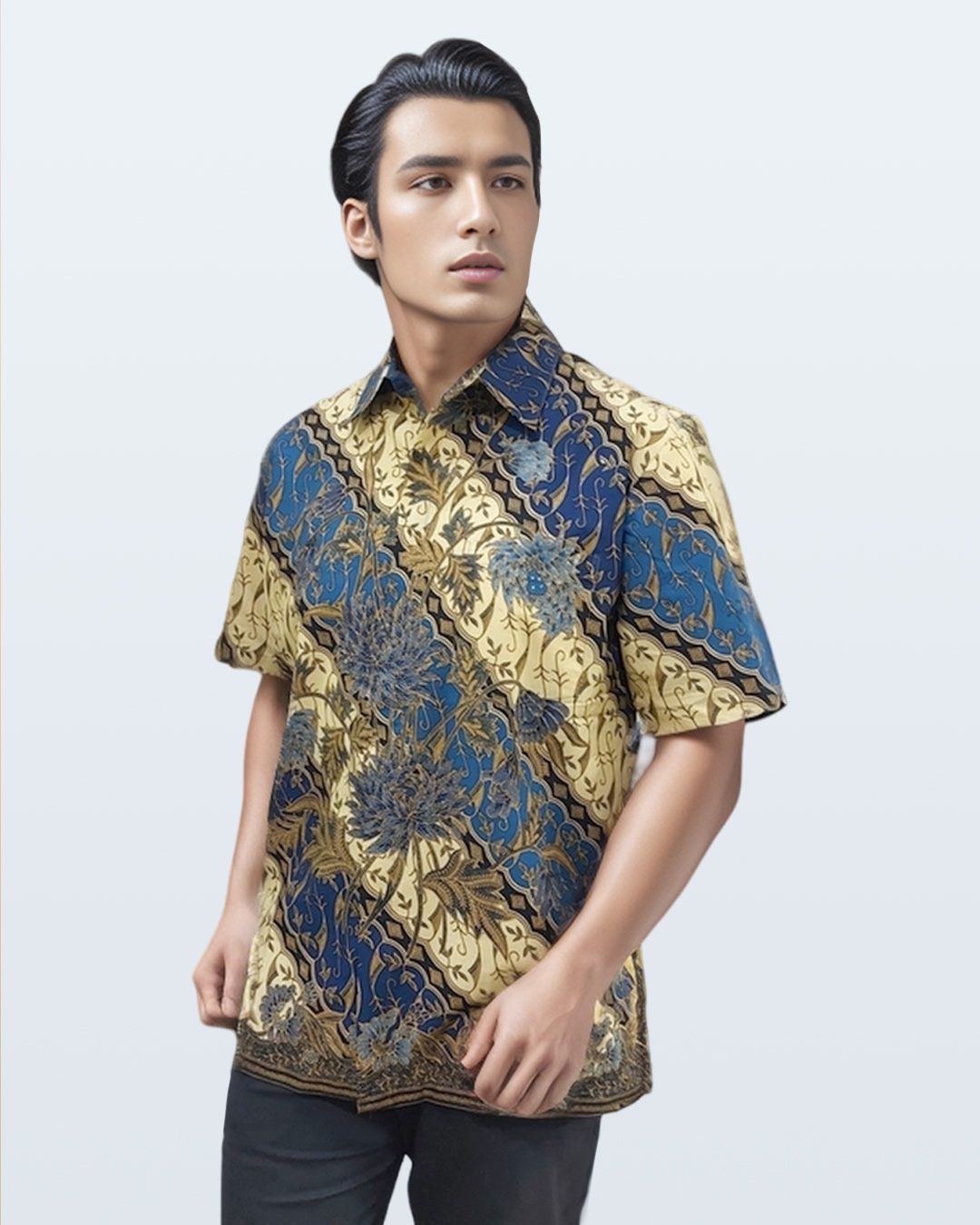 Kemeja Batik Lengan Pendek Parang Boket Teratai - Biru New