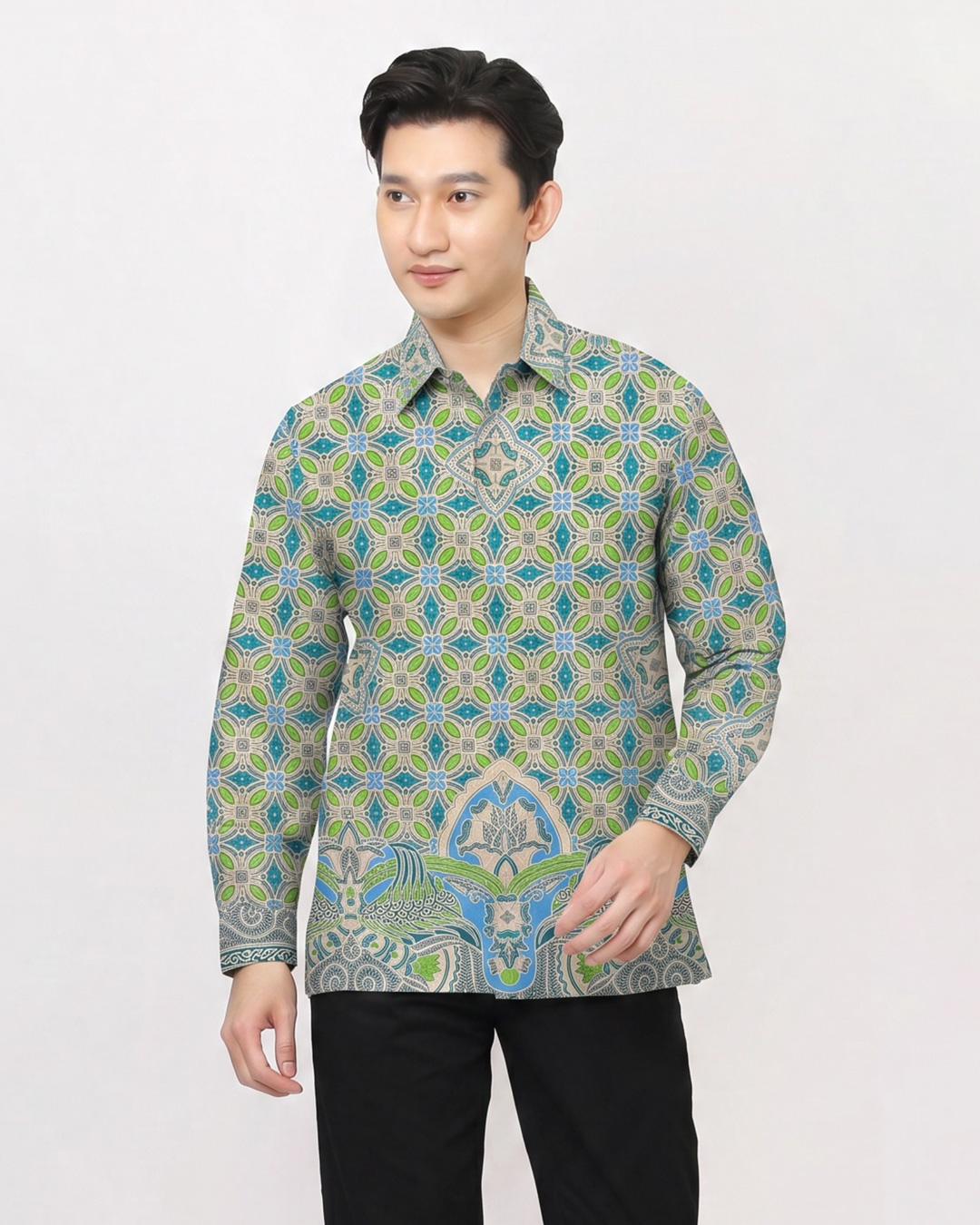 Kemeja Batik Lengan Panjang Kawung Gaya Baru - Hijau