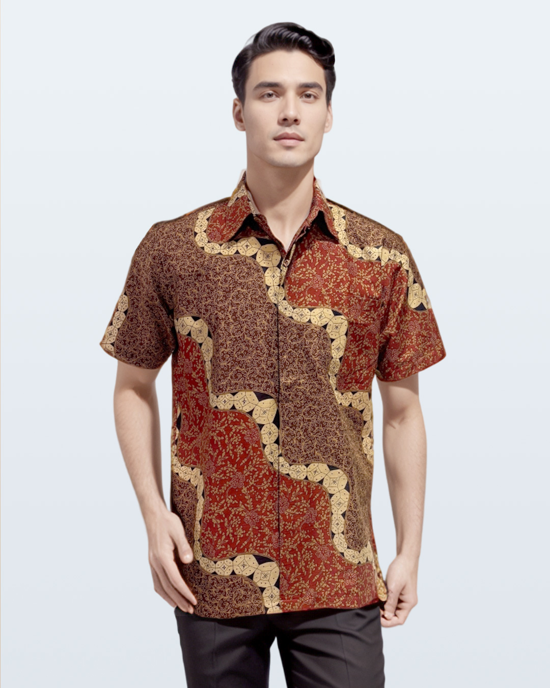 Kemeja Batik Lengan Pendek Lengko Picis - Merah Cokelat