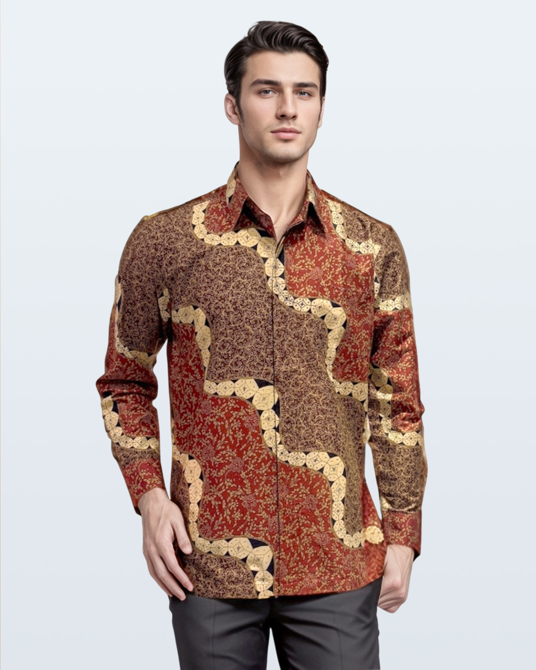 Kemeja Batik Lengan Panjang Lengko Picis - Merah Cokelat