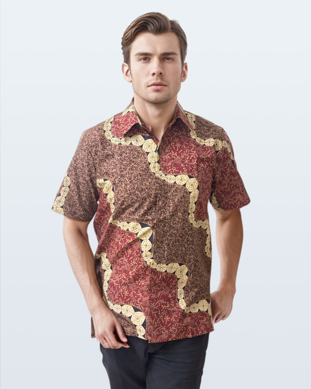 Kemeja Batik Lengan Pendek Lengko Picis - Merah Cokelat