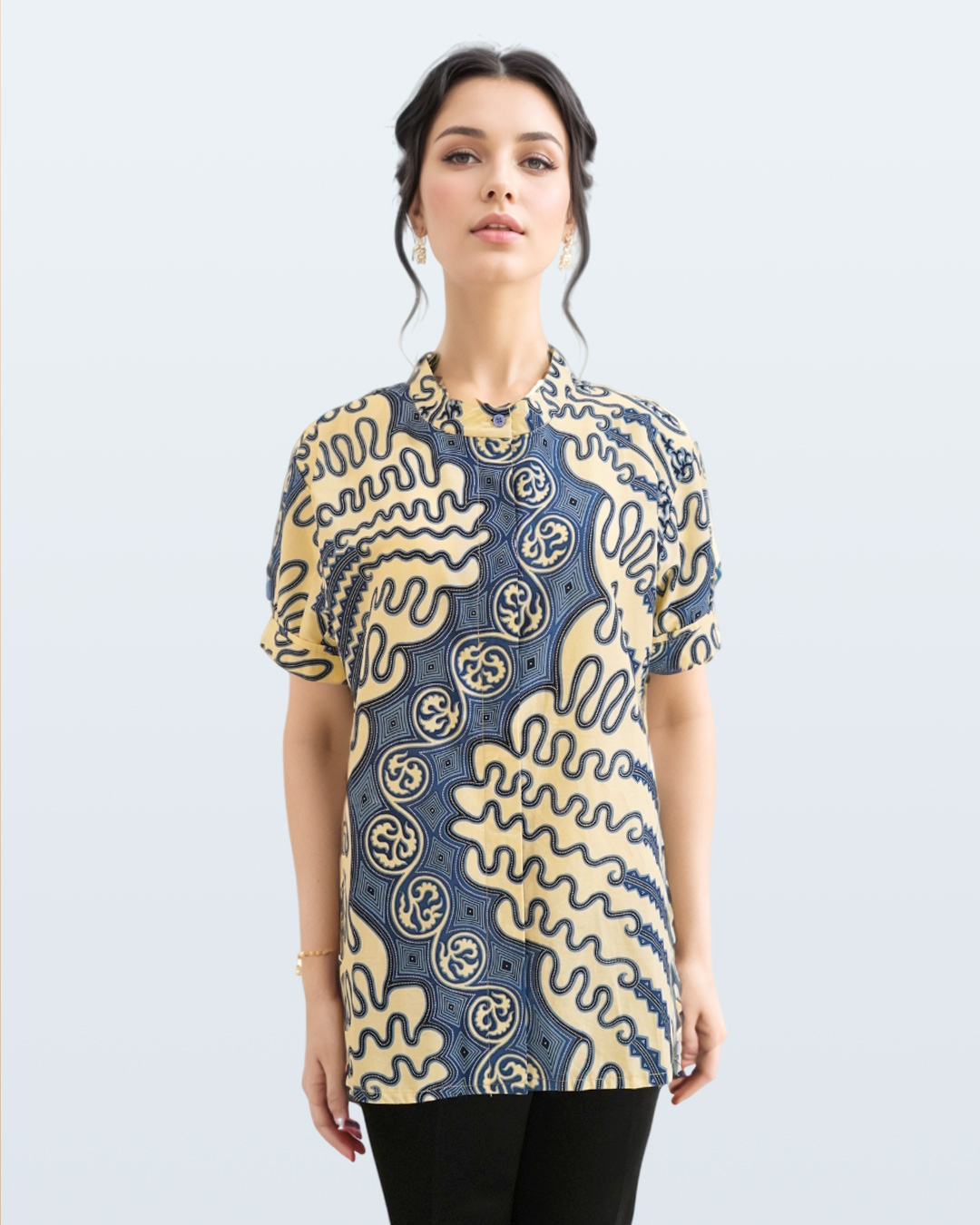 Blouse Lengan Pendek Lengko Manggar Kerah Lingkar - Putih Biru