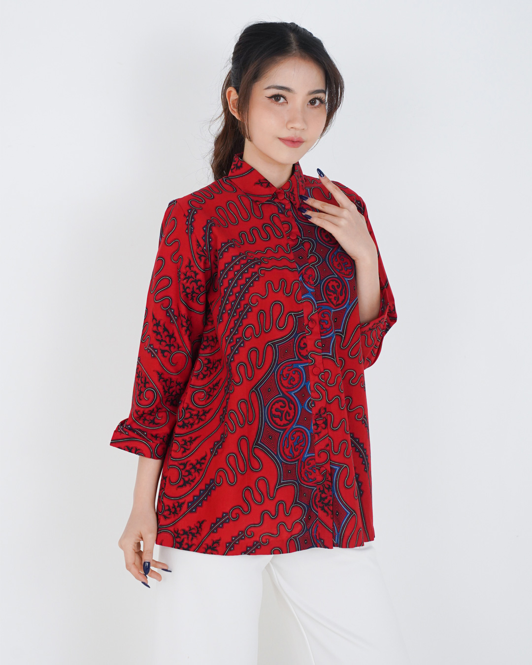 Blouse Lengan Panjang Lengko Manggar Kerah - Merah
