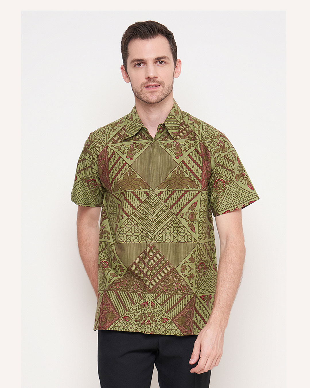 Kemeja Batik Lengan Pendek Tambal Modern 2 - Hijau