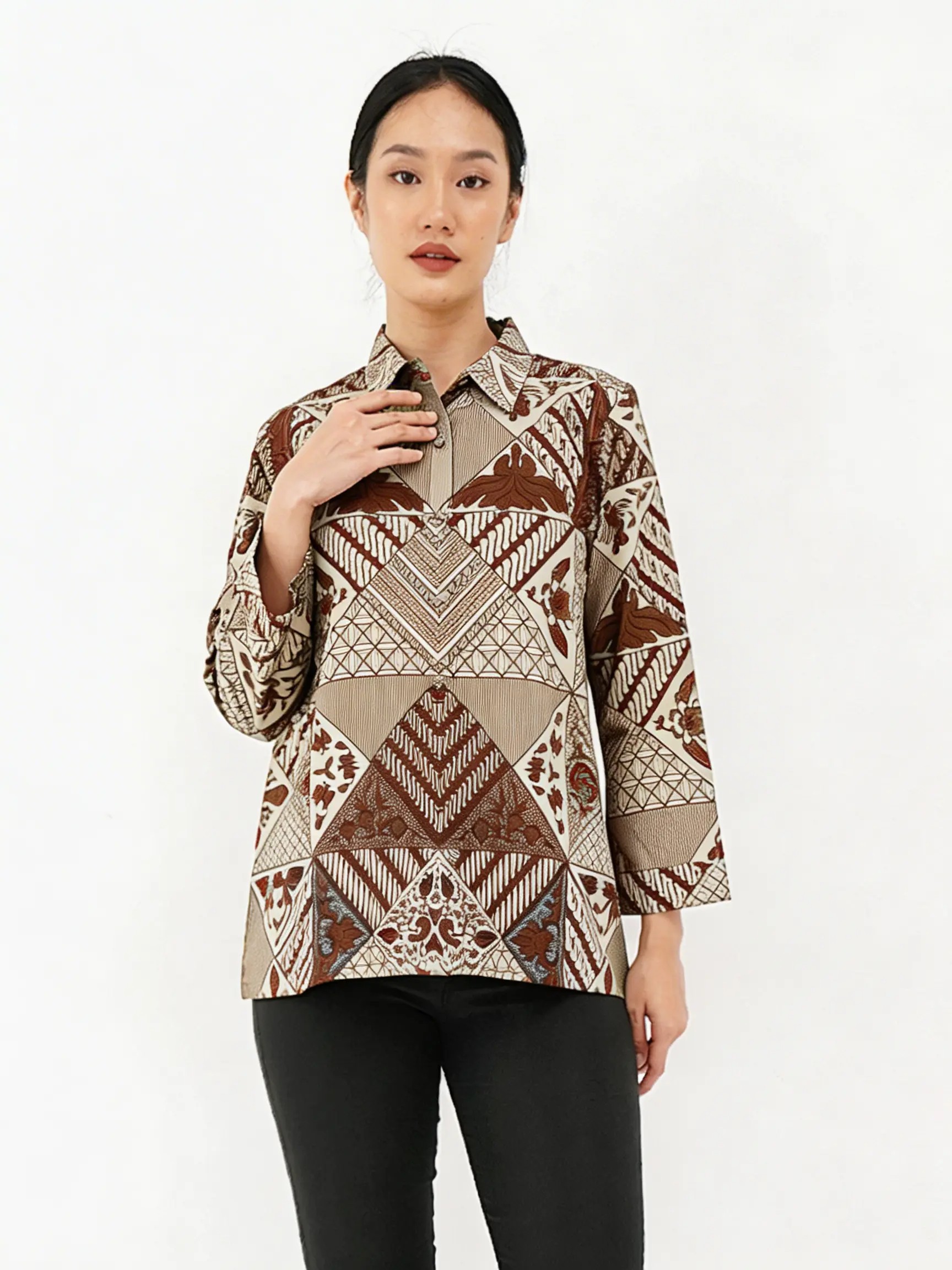 Blouse Lengan Panjang Tambal Modren 2 Kerah - Putih 1