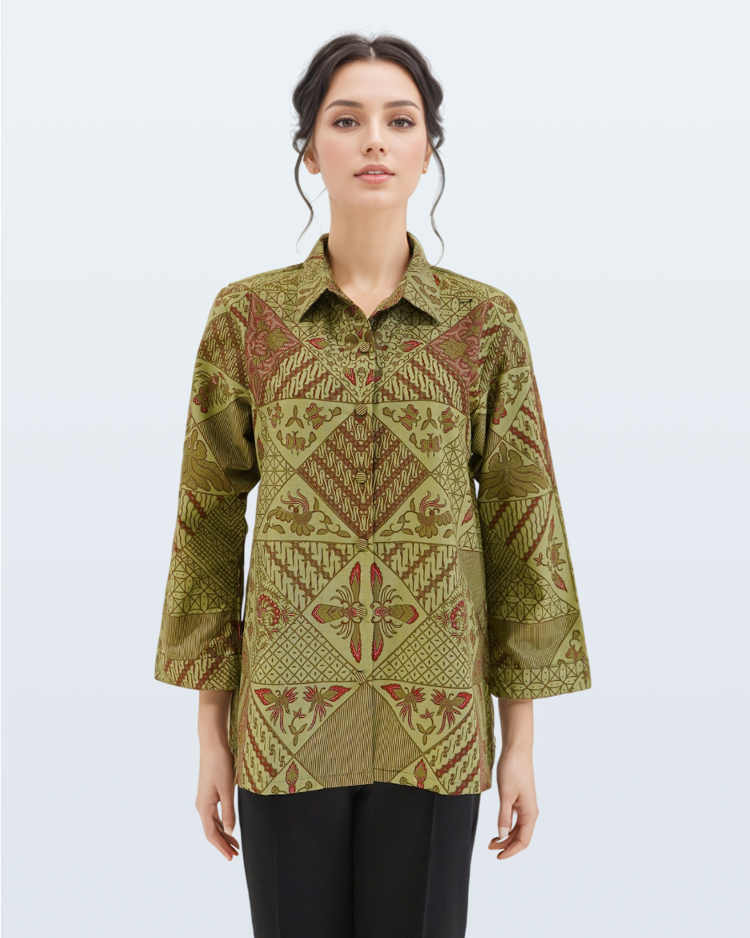 Blouse Lengan Panjang Tambal Modren 2 Kerah - Hijau