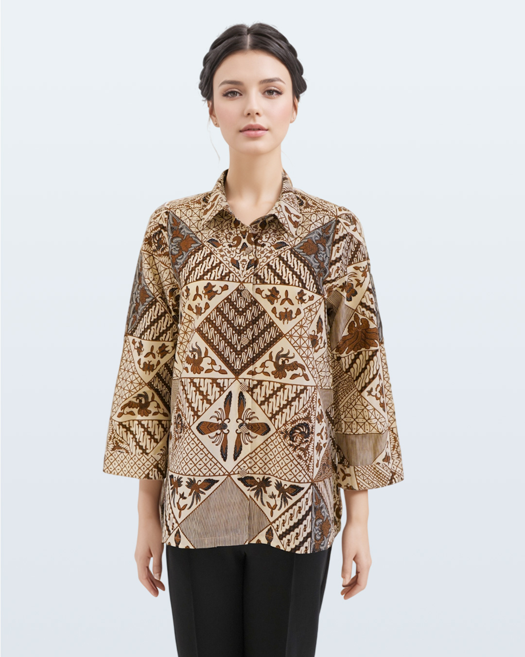 Blouse Lengan Panjang Tambal Modren 2 Kerah - White