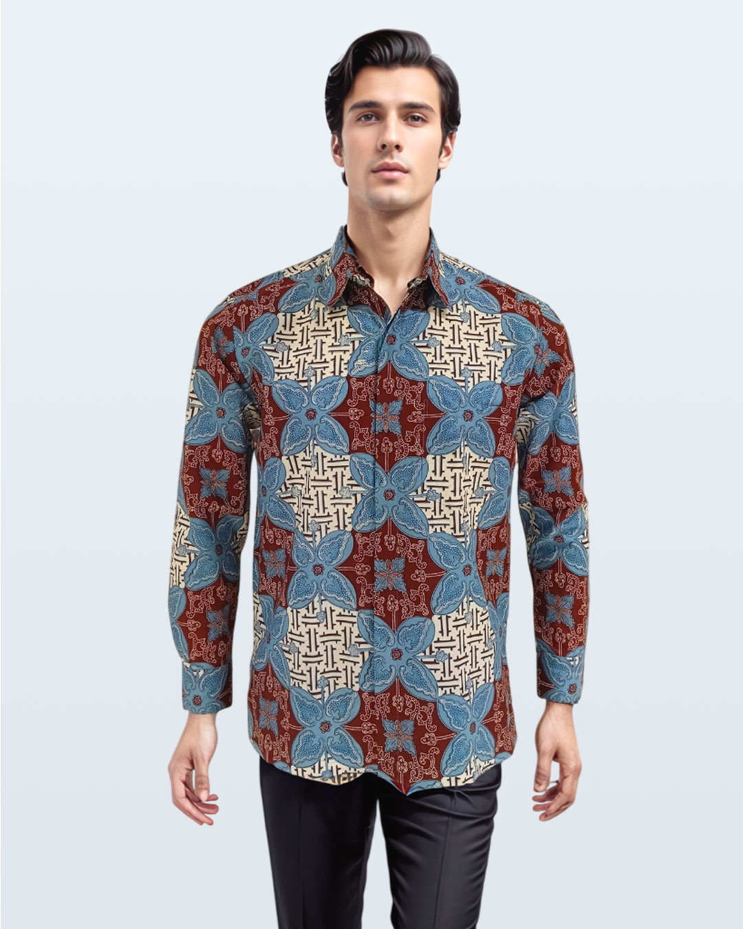 Kemeja Batik Lengan Panjang Ceplok Cendana - Maroon 01