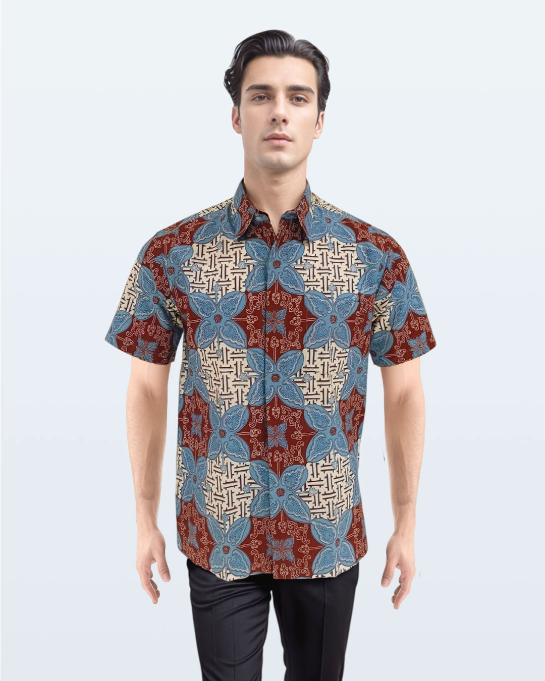 Kemeja Batik Lengan Pendek Ceplok Cendana - Maroon 1-edit