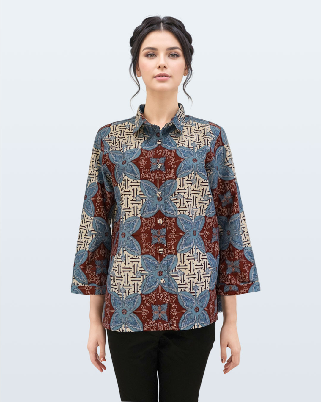 Blouse Lengan Panjang Ceplok Cendana Kerah - Merah 1