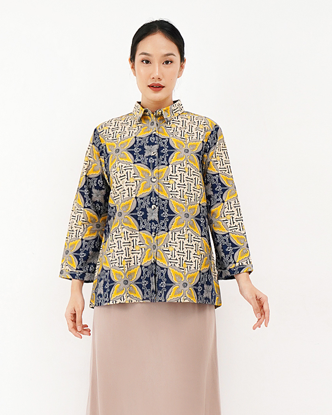 Blouse Lengan Panjang Ceplok Cendana Kerah - Kuning