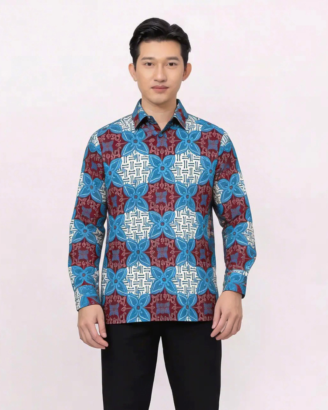Kemeja Batik Lengan Panjang Ceplok Cendana - Maroon 1