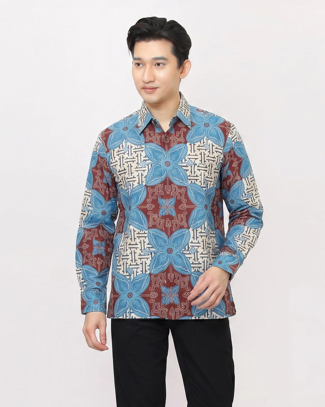 Kemeja Batik Lengan Panjang Ceplok Cendana - Maroon 1