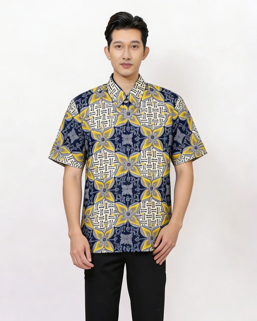 Kemeja Batik Lengan Pendek Ceplok Cendana - Kuning 1