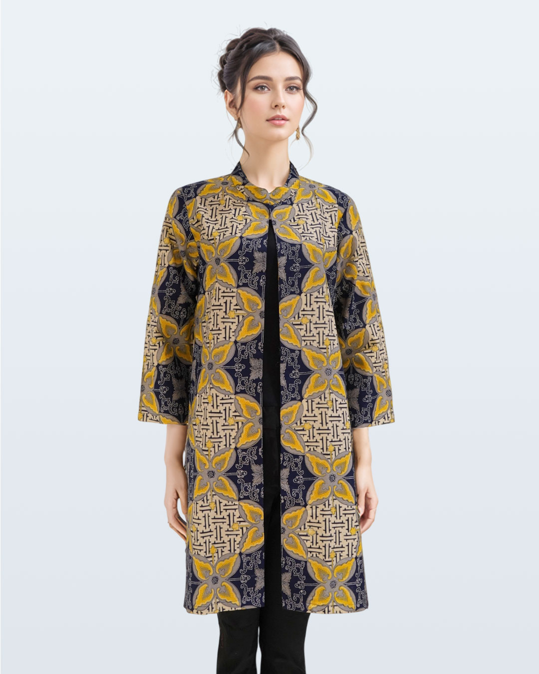 Blouse Tunik Lengan Panjang Ceplok Cendana Kerah Shanghai - Kuning 1