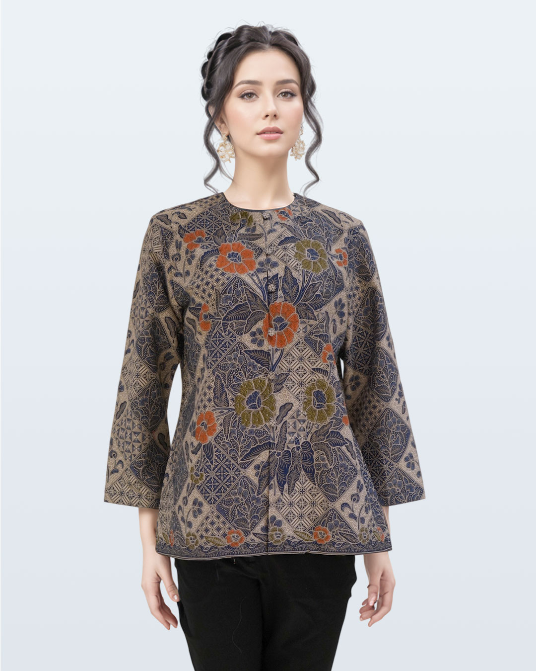 Blouse Lengan Panjang Boket Tambal - Biru