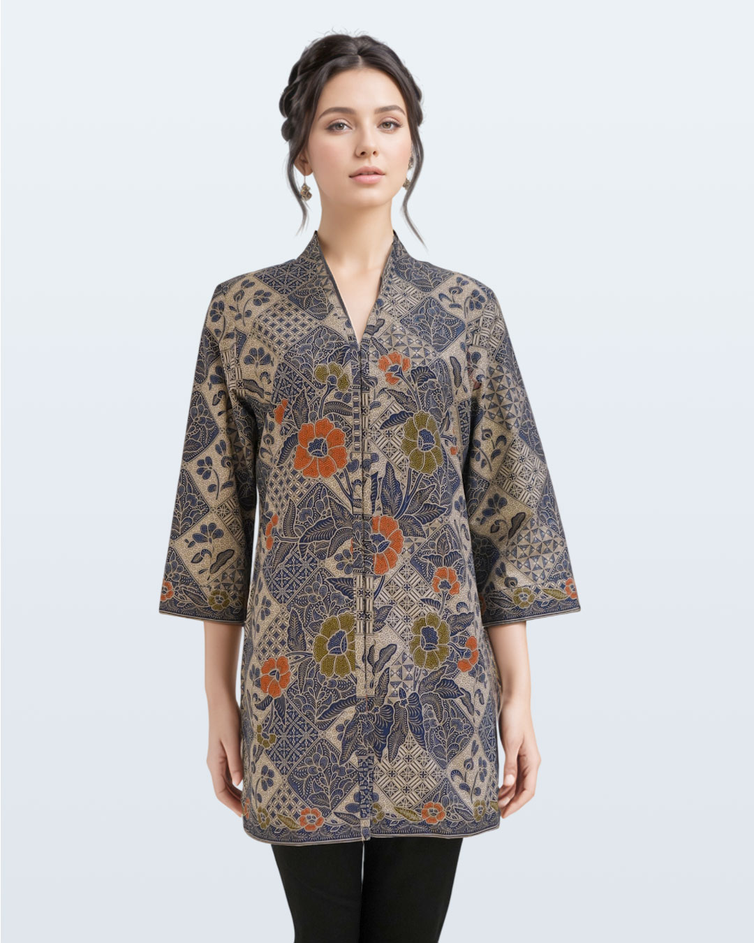 Blouse Lengan Panjang Tunik Boket Tambal - Biru